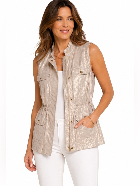 Chico's Jackets & Blazers - Chico’s Size 2 Linen Cotton Metallic Utility Safari Vest Gold Beige Pockets